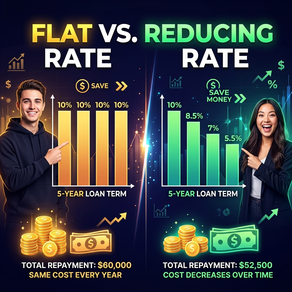 Illustration comparing flat interest rate vs reducing balance interest rate for Indian car loans