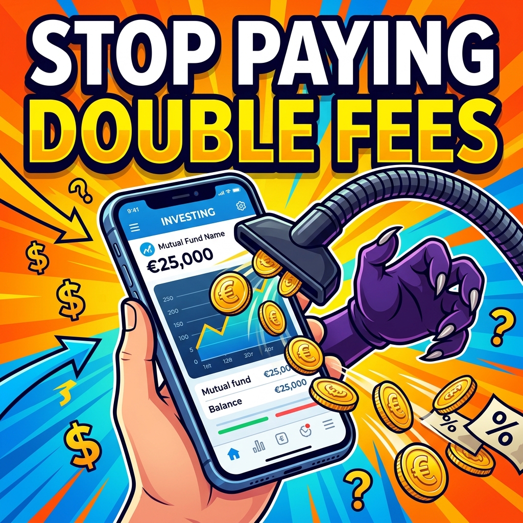 A smartphone screen with a vacuum sucking out coins representing hidden double fees