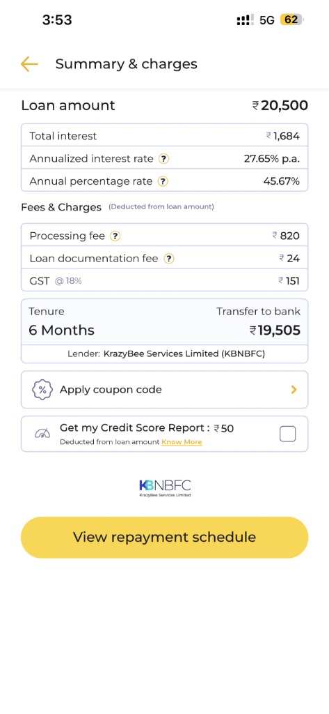 Kreditbee Summary and Charges