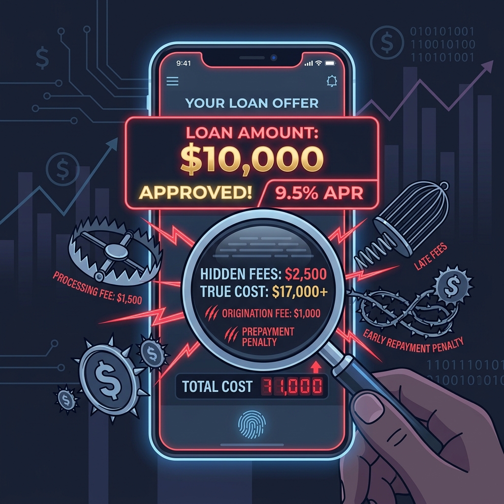 Smartphone showing loan offer with hidden fees popping out like traps