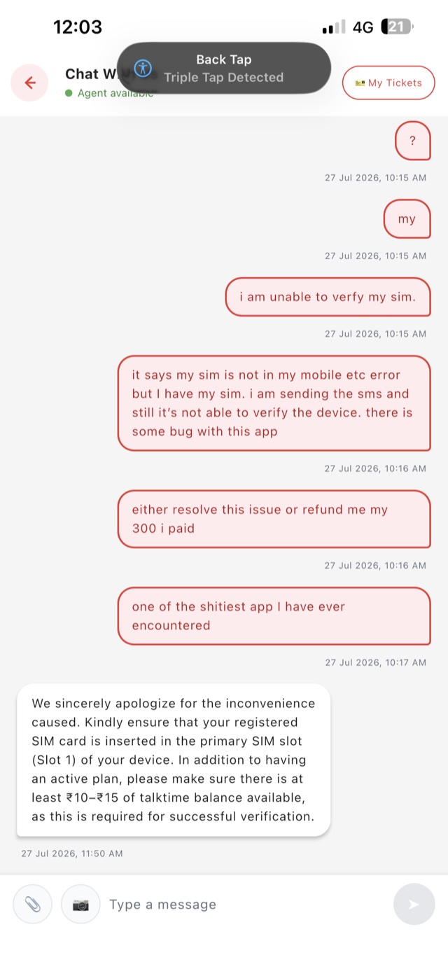 OmniCard KYC charges and support — chat agent tells user to recharge ₹10 to fix OmniCard not working