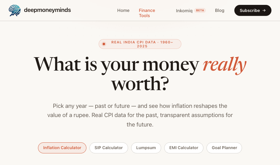 Inflation calculator inputs — amount ₹1,00,000 and year 2001 selected, showing buying power of ₹24,195