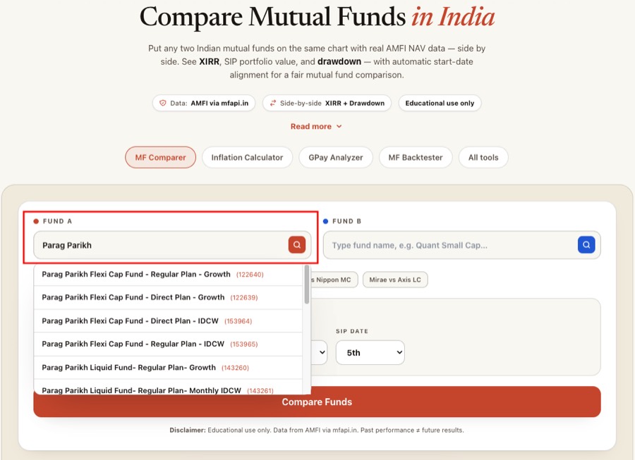Mutual fund search autocomplete on Deep Money Minds MF Comparer — showing Parag Parikh fund options after typing the fund name