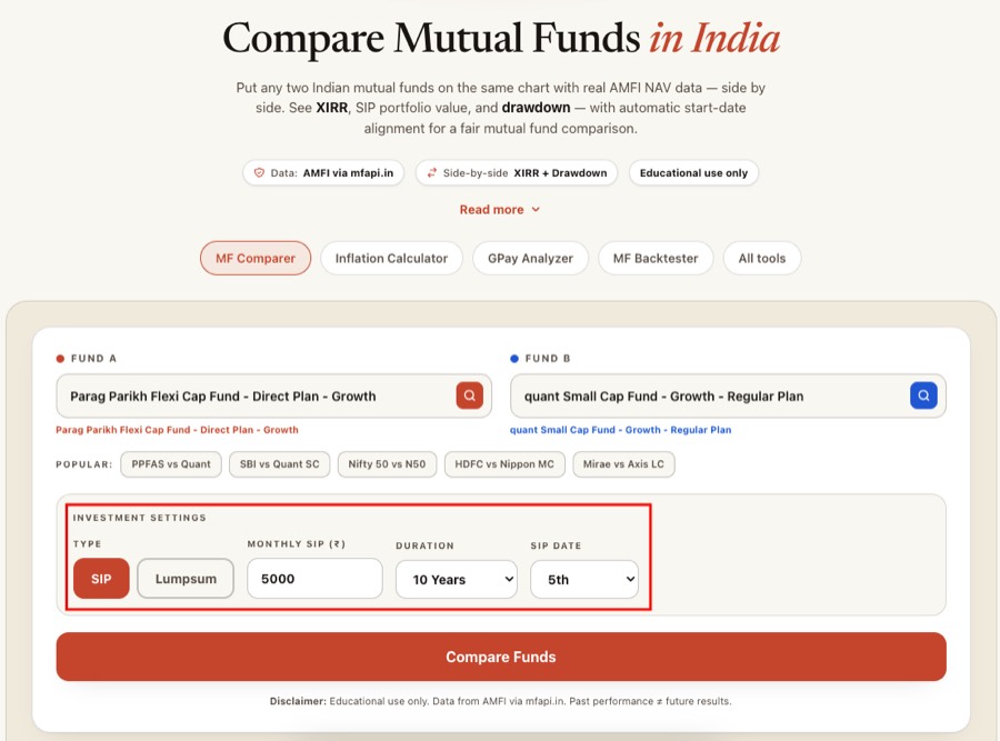 MF Comparer step 2 — both funds selected with SIP settings showing ₹5,000 monthly amount, 10-year duration and 5th SIP date