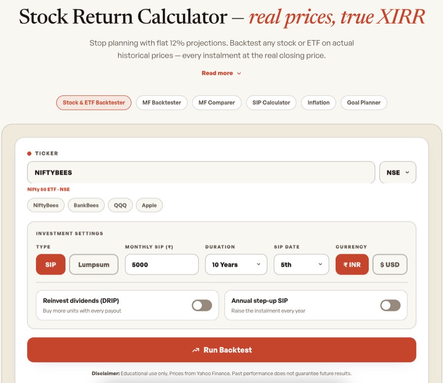 Stock Return Calculator input form showing NIFTYBEES ticker on NSE, ₹5,000 monthly SIP, 10 year duration, 5th SIP date and DRIP toggle enabled