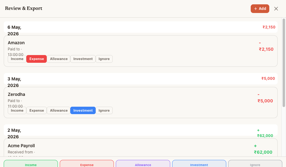 GPay Analyzer Export Report modal showing transactions auto-categorized as Income, Expense, Investment with Excel export button